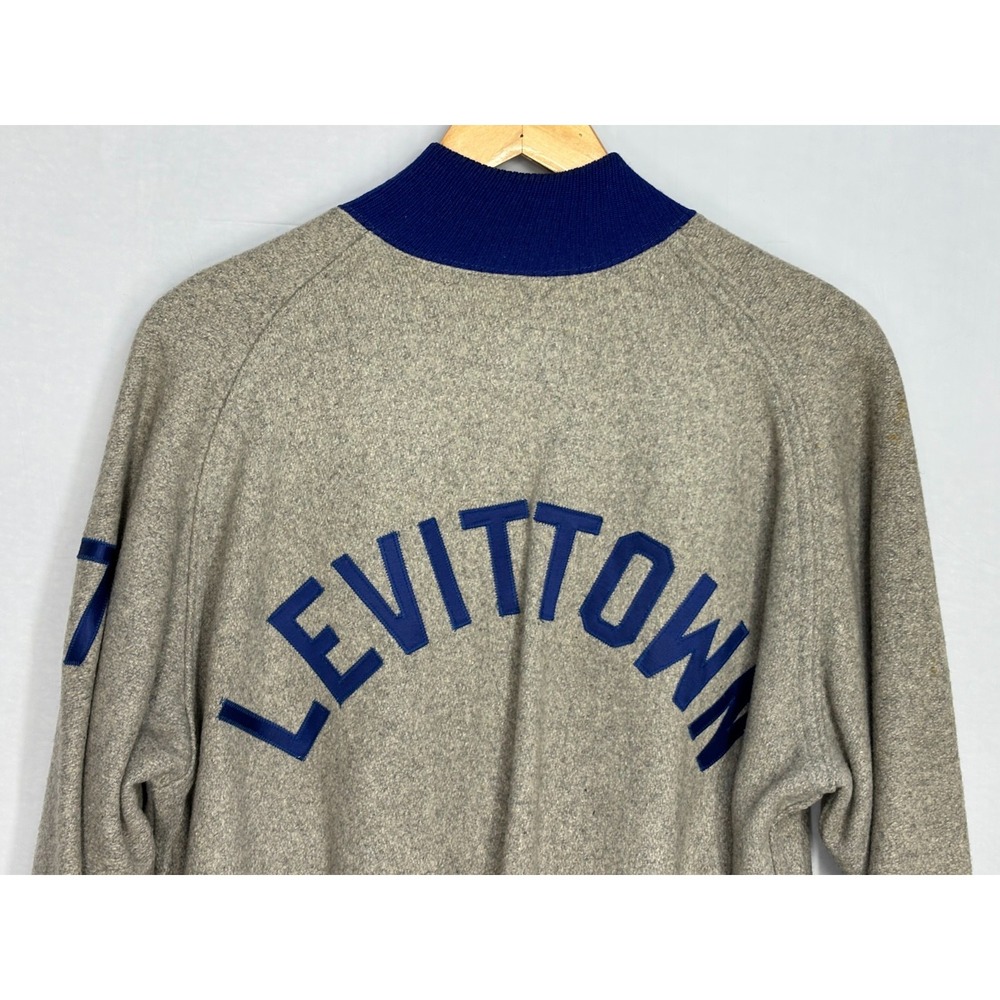 Post Mfg Co Varsity Jacket Mens Heather Gray Ribbed Trim Levittown PA 46 Vintage